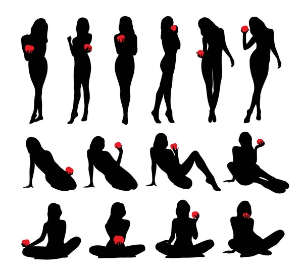 Femme avec une pomme rouge — Image vectorielle