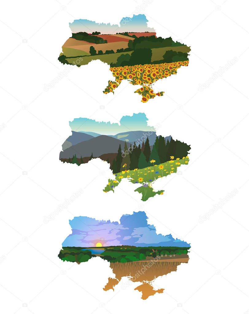 landscapes in the background of the map of Ukraine
