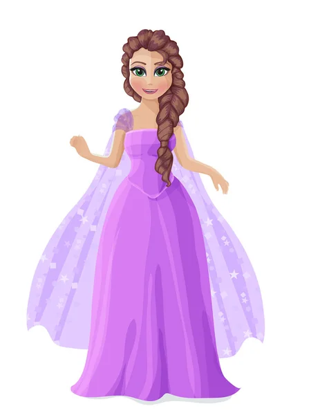 Ilustración de una linda princesa en un vestido morado con cabello castaño . — Vector de stock