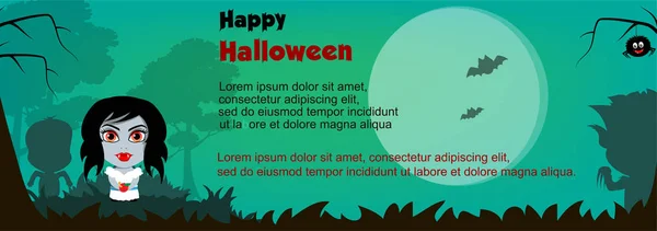 Illustration für Grußkarten, Einladungen zu Halloween. Vampirmädchen im dunklen Wald, das einen Apfel in der Hand hält. Spinne auf einem Ast, Fledermaus auf dem Mond Hintergrund. — Stockvektor