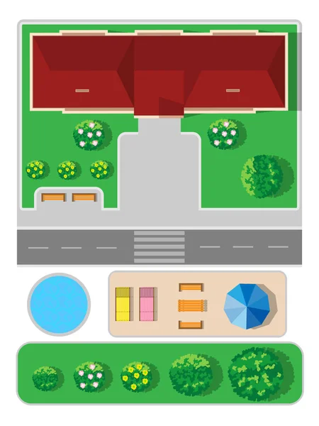 Απεικόνιση του ένα σπίτι, δέντρα, ξαπλώστρες, λουλούδια, θάμνους, δρόμο, πισίνα για τα γενικά σχέδια. — Διανυσματικό Αρχείο