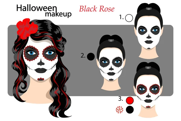 Dibujo técnica maquillaje Halloween cara arte cráneo estilo mexicano — Vector de stock