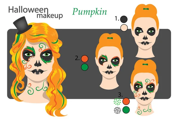 Dibujo técnica maquillaje Halloween cara arte cráneo estilo mexicano — Vector de stock