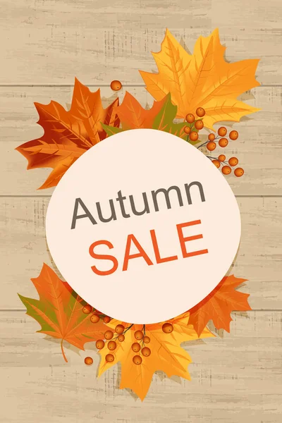 Sarı yapraklar ve ahşap arka plan üzerinde Satılık çerçeve yazı ile sonbahar arka plan.
