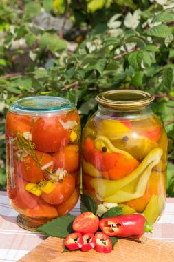 Bankalar konserve domates ve biber yağı ile. Bahçe arka plan üzerinde.