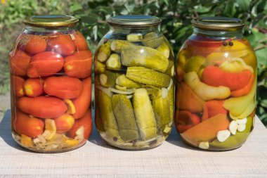 Kavanoz korunmuş sebze, domates, salatalık, Bulgar biber. Ahşap bir masaya bir arka bahçe