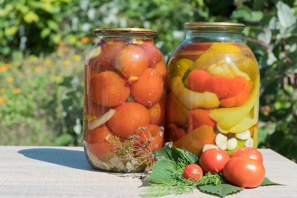 kavanoz korunmuş sebze, domates, biber. Ahşap bir masaya Bahçe arka planı.