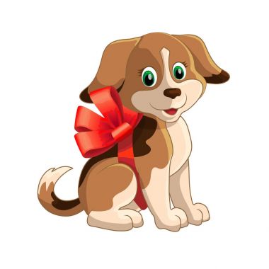 Sevimli komik çizgi vektör köpek köpek evcil hayvan karakter. Kırmızı yay, Hediyelik, tatil, doğum günü.