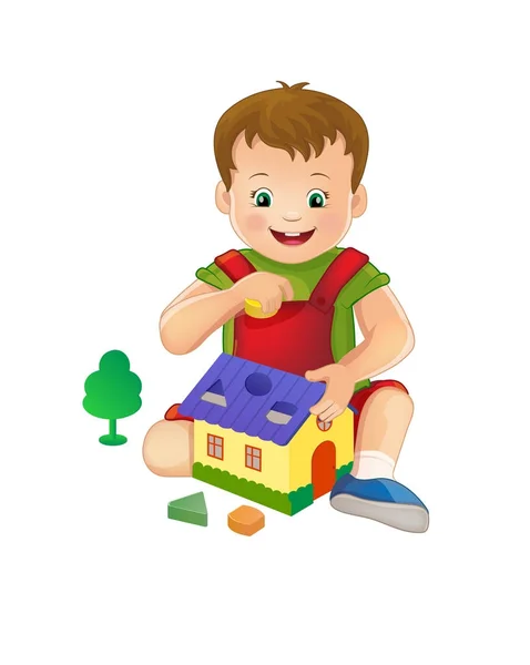 Un niño pequeño juega con juguetes, recoge rompecabezas redondo pirámide. Casa. Ventanas redondas. Hermosa ilustración — Archivo Imágenes Vectoriales