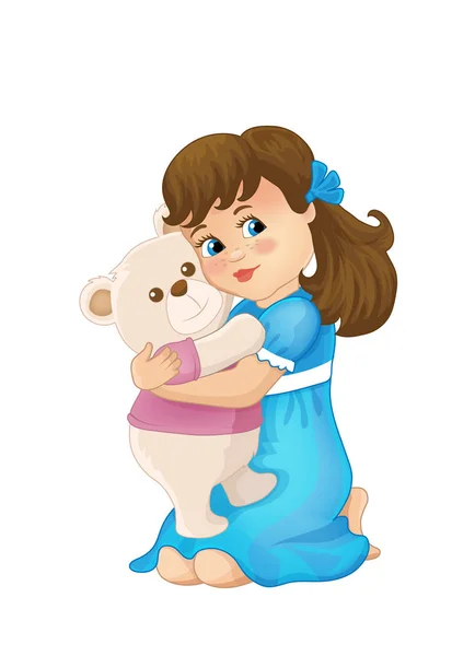 Chica abrazando a un oso. Ropa rosa azul. El oso sonríe. Juguetes ilustración . — Vector de stock