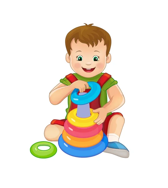 Un niño pequeño juega con juguetes, recoge rompecabezas redondo pirámide. Casa. Ventanas redondas. Hermosa ilustración — Vector de stock