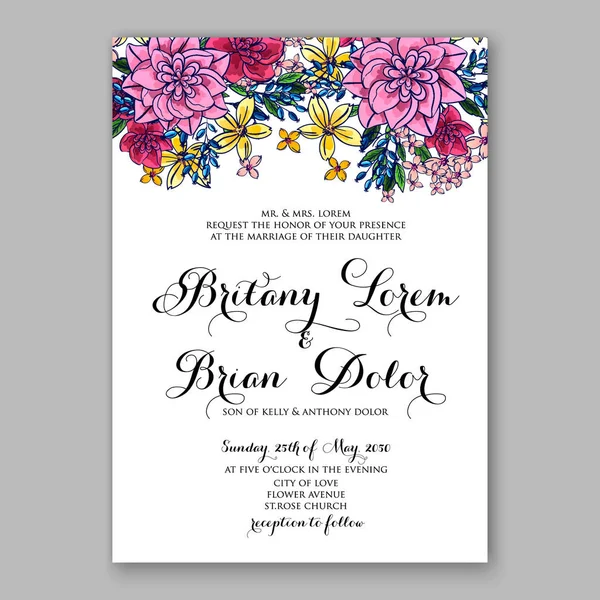 Εκτυπώσιμη πρότυπο πρόσκληση γάμου παιωνία ροζ chrysantemum κάρτα — Διανυσματικό Αρχείο