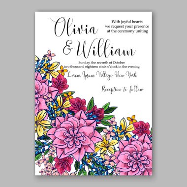 Pembe chrysantemum Şakayık düğün davetiye kartı yazdırılabilir şablon 