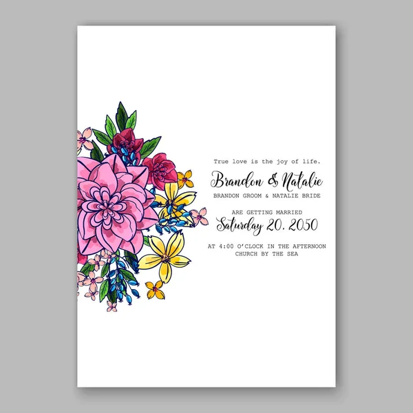 Tarjeta de invitación de boda de peonía de crisantemo rosa plantilla imprimible — Vector de stock