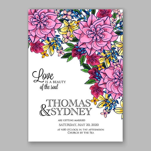 Roze chrysant peony bruiloft uitnodiging afdrukbare kaartsjabloon — Stockvector