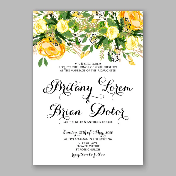 Modèle de carte d'invitation de mariage Rose jaune Floral Imprimable Gold Bridal Shower Invitation Suite — Image vectorielle