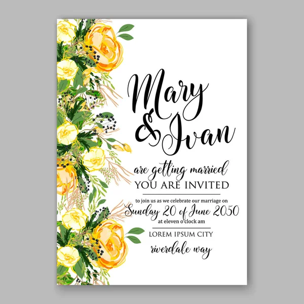 Προσκλητήριο γάμου, πρότυπο κίτρινο τριαντάφυλλο Floral εκτυπώσιμη χρυσό νυφικό ντους πρόσκληση Σουίτα — Διανυσματικό Αρχείο