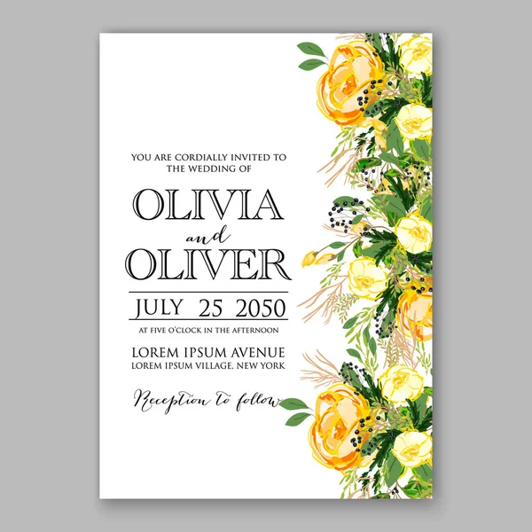 婚礼邀请卡模板黄色玫瑰花卉的可打印黄金新娘淋浴邀请套房 — 图库矢量图片