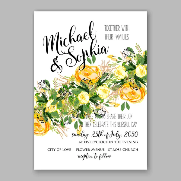 Wedding invitation card Template Yellow rose Floral Printable Gold