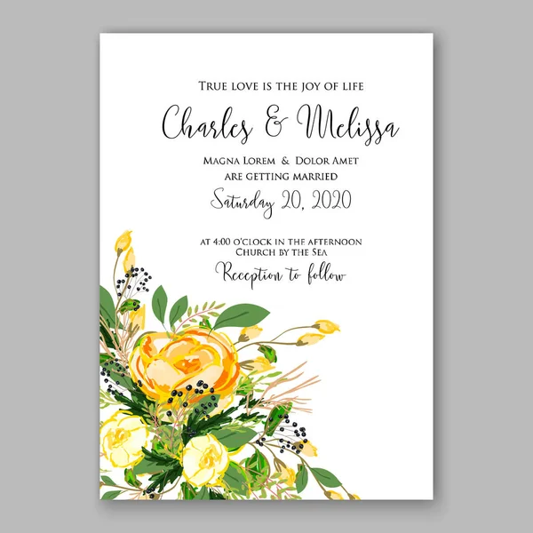 Modèle de carte d'invitation de mariage Rose jaune Floral Imprimable Gold Bridal Shower Invitation Suite — Image vectorielle