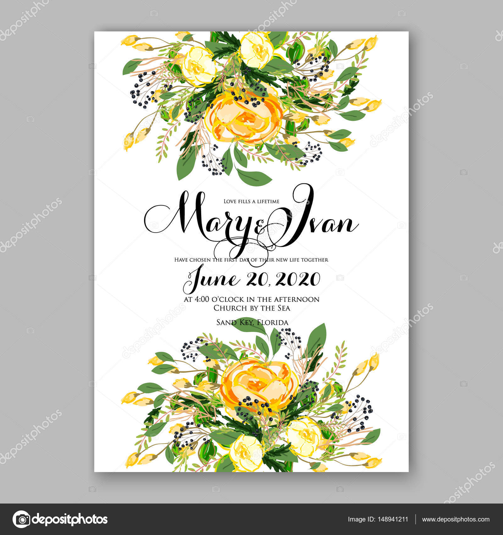 Wedding invitation card Template Yellow rose Floral Printable Gold Bridal  Shower Invitation Suite 11