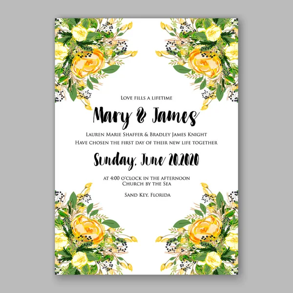 Svatební pozvánky šablony žluté růže Květinové tisk svatební sprcha Pozvánka apartmá Gold — Stockový vektor