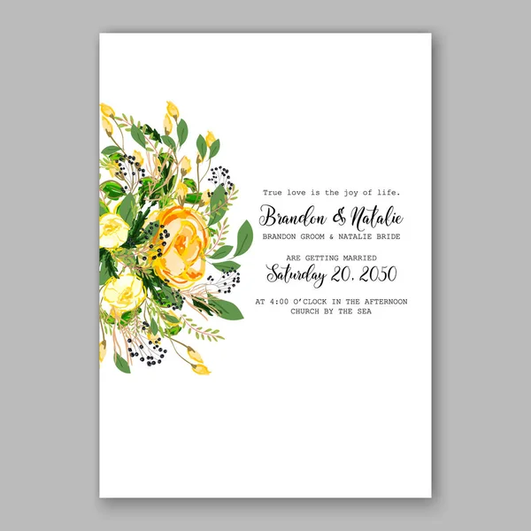 Esküvői meghívó sablon Sárga Rózsa virág nyomtatható arany menyasszonyi zuhany meghívás lakosztály — Stock Vector