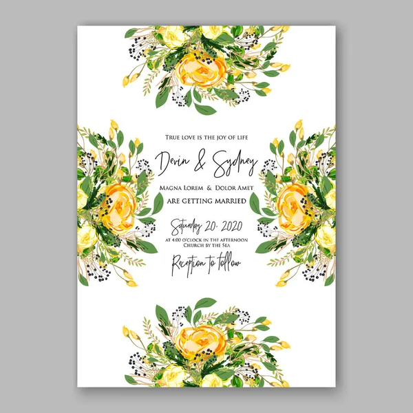 Modèle de carte d'invitation de mariage Rose jaune Floral Imprimable Gold Bridal Shower Invitation Suite — Image vectorielle