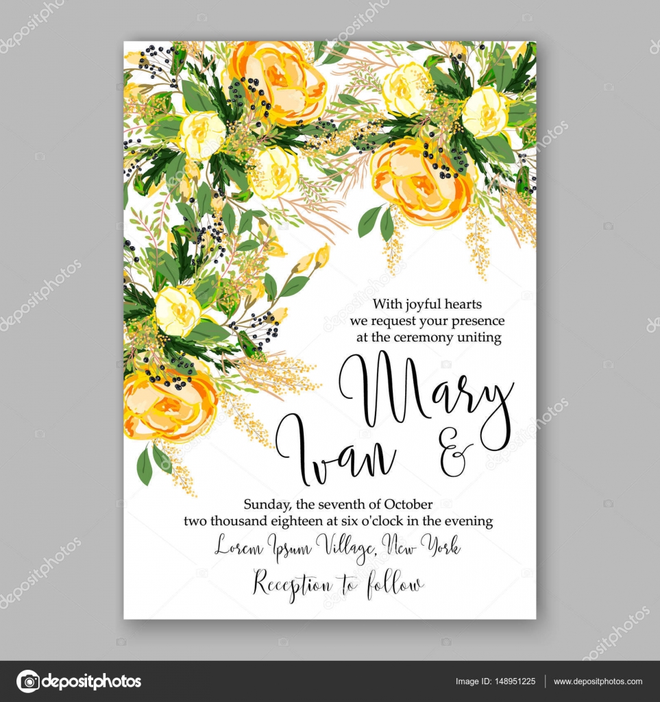 Wedding invitation card Template Yellow rose Floral Printable Gold