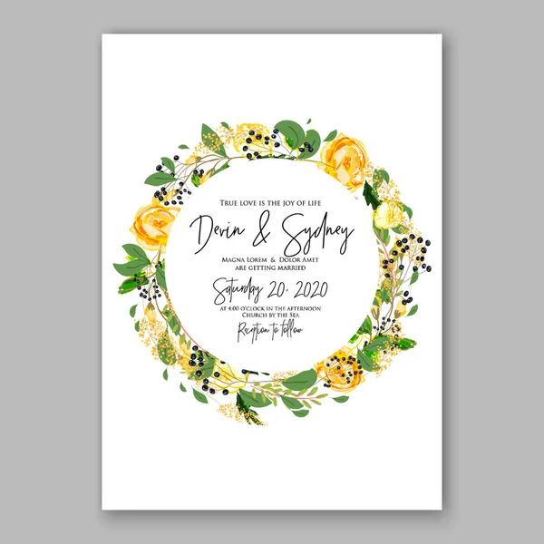 Kartu undangan pernikahan Template Yellow rose Floral Printable Gold Bridal Shower Invitation Suite - Stok Vektor