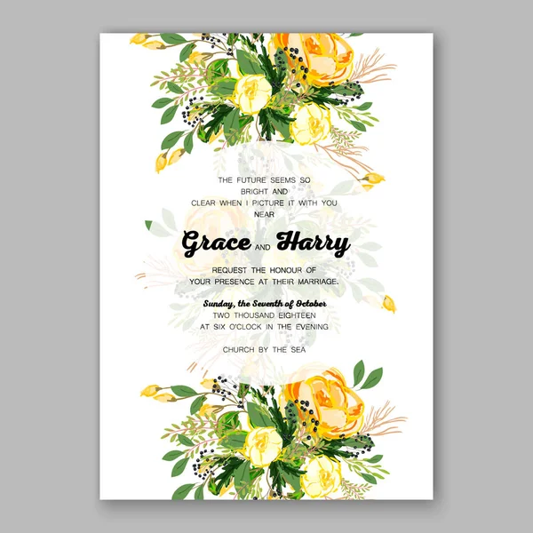 Düğün davetiye kartı şablonu sarı çiçek yazdırılabilir altın gelin duş davet Suite gül Stok Illüstrasyon
