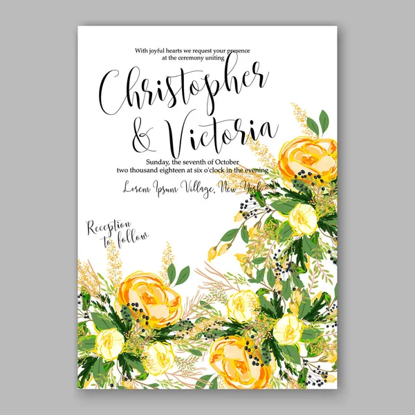 Modelo de cartão de convite de casamento Amarelo rosa Floral Imprimível Ouro Nupcial Duche Convite Suite Vetores De Stock Royalty-Free
