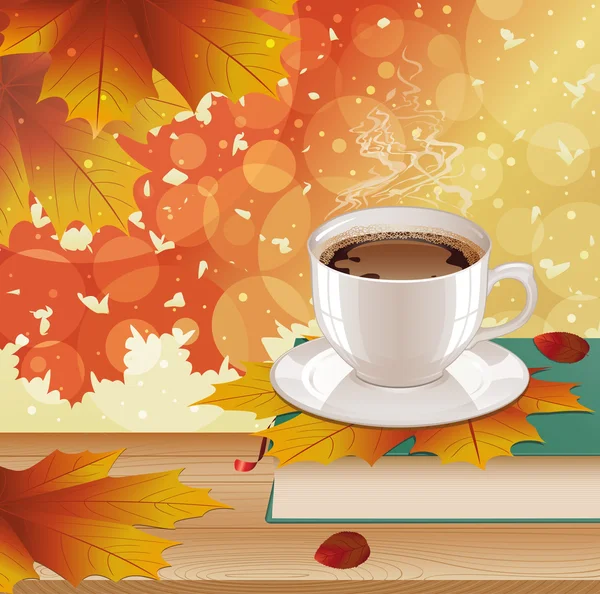 Fundo com café quente, livro e folhas de outono . —  Vetores de Stock