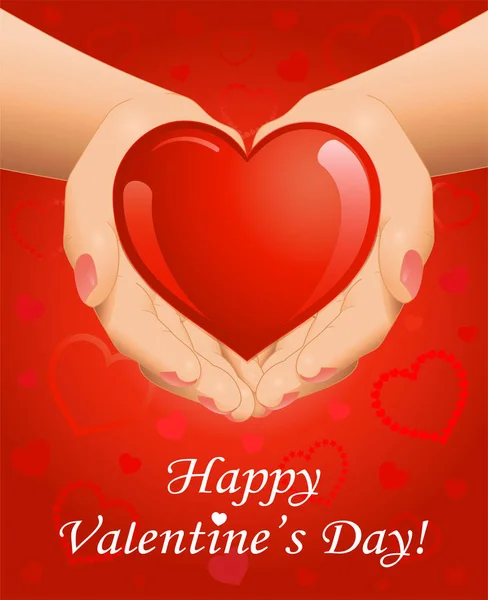 Sevgililer günü arka plan kırmızı kalp holding açık eller ile. Vektör çizim.