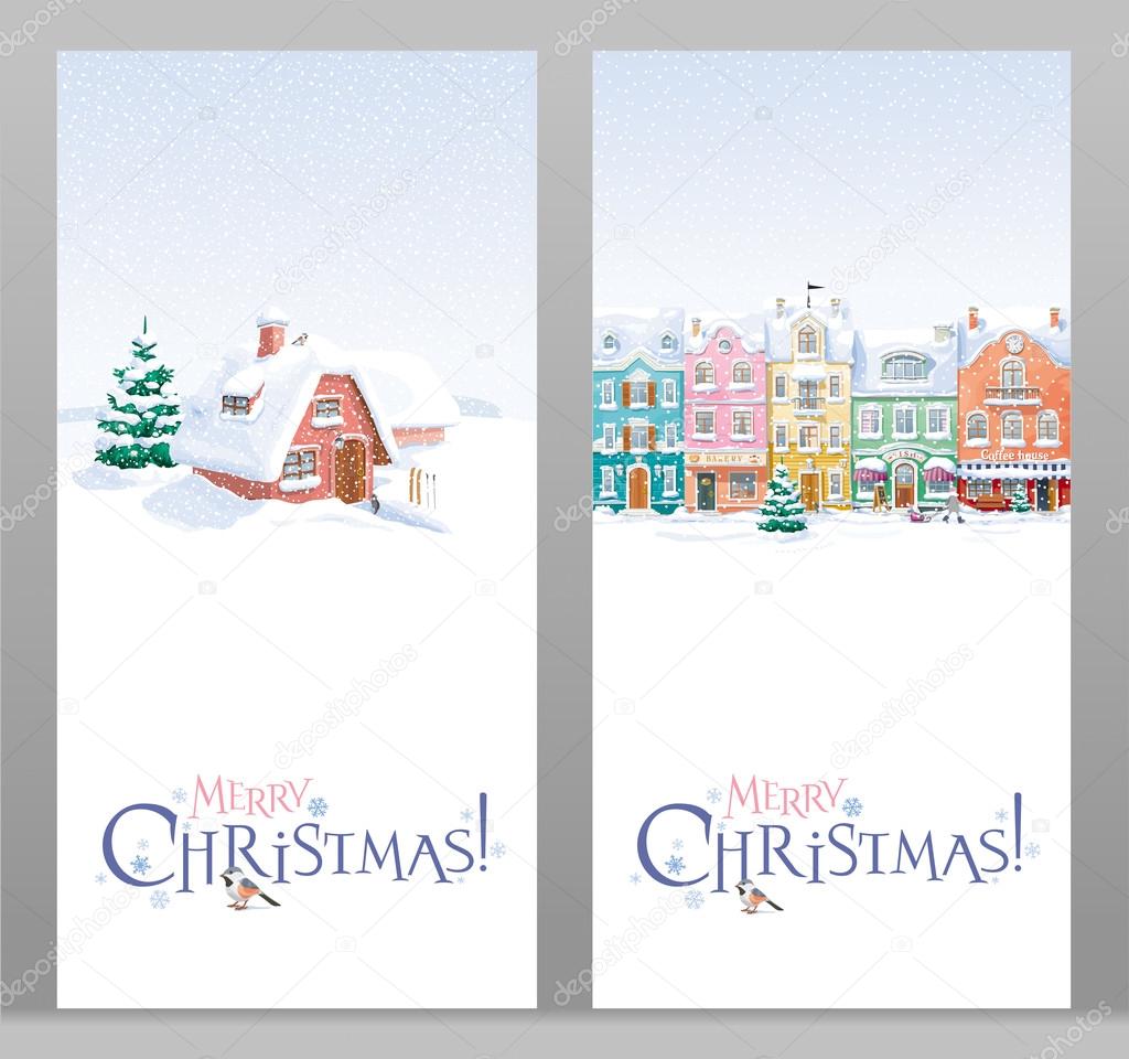 Winter landscape and cityscape Christmas greeting cards set