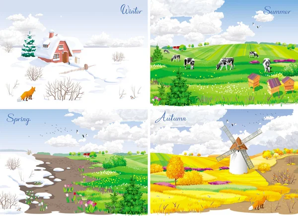 4 seasonal landscapes — Stock Vector