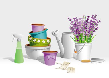 Bahçe aletleri ve lavanta buket