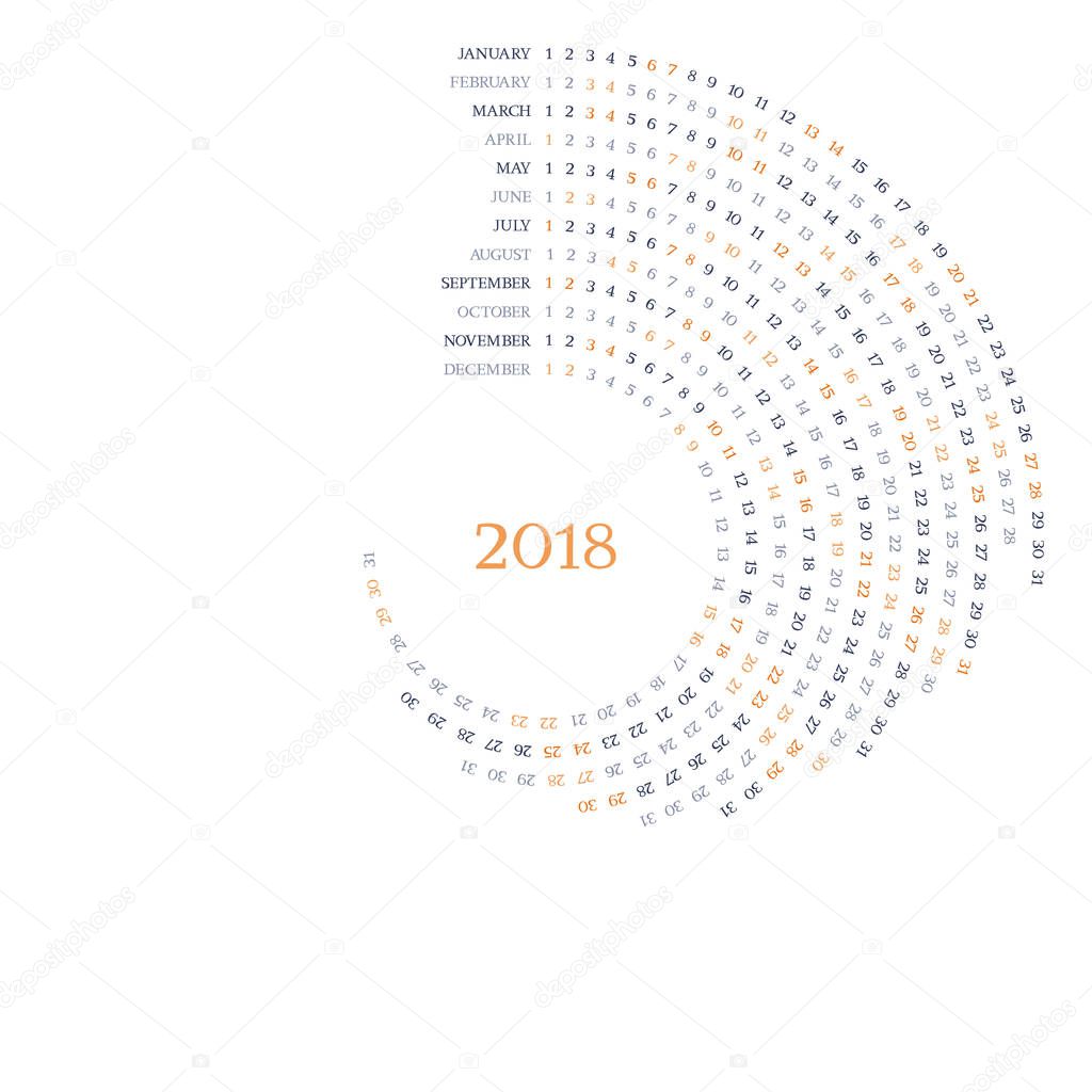 Round vector calendar grid for 2018 year