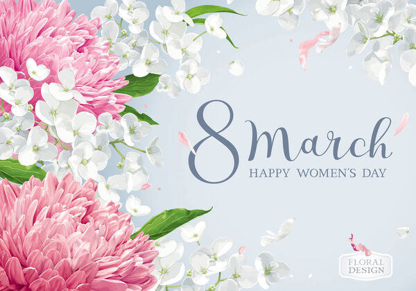 Хризантемы и цветы яблони на 8 марта векторный приветственный автомобиль
