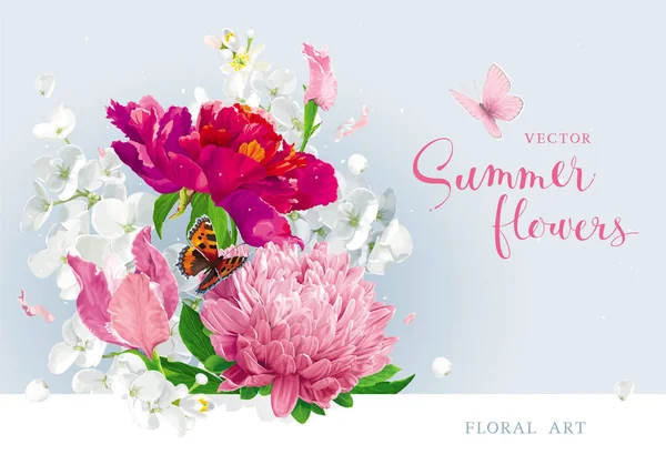 Ramo de flores de verano rosa rojo — Archivo Imágenes Vectoriales