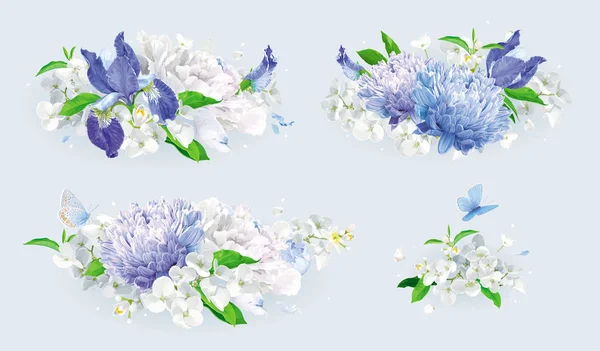 Conjunto de buquê de flores de verão branco e azul — Vetor de Stock