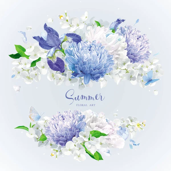 Ramo de flores de verano blanco y azul — Vector de stock