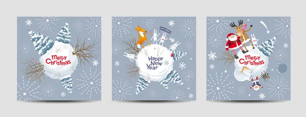 Set di cartoline di Natale vettoriale - Pianeti di Natale — Vettoriale Stock