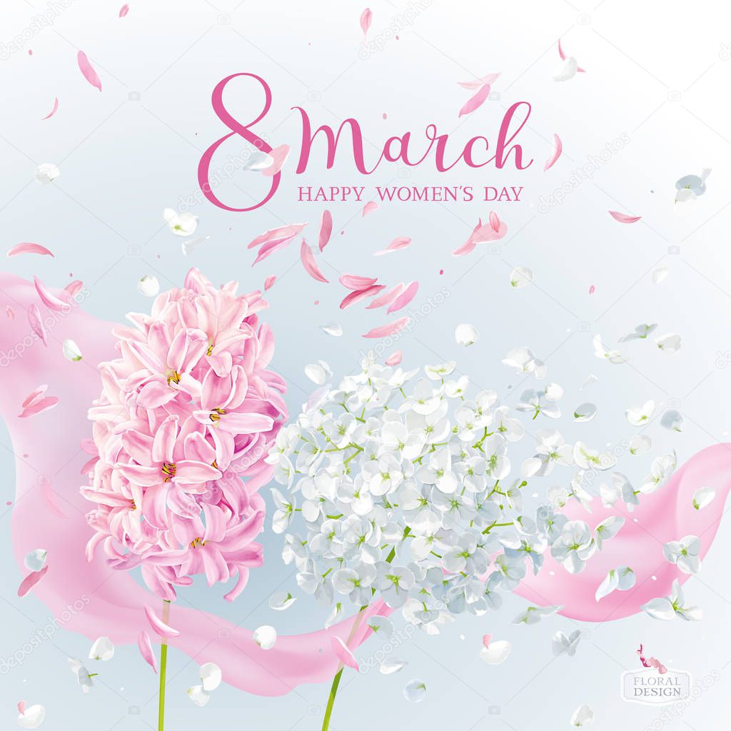 Pink Hyacinth flower and white Hydrangea flower for 8 March vect