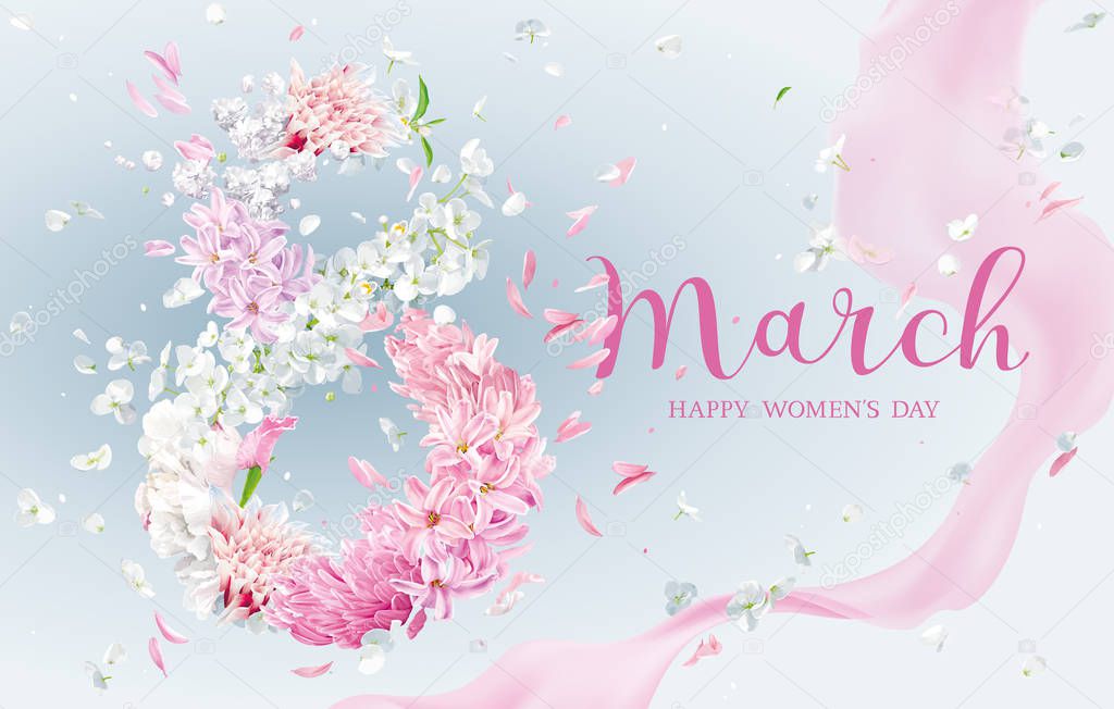 Floral vector greeting card for 8 March in watercolor style with
