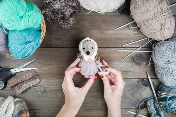 Malha Hedgehog, Presentes feitos à mão. Tricô em fundo de madeira. Fazendo brinquedos de malha — Fotografia de Stock