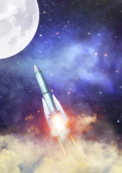 Rocket starts into space. To the moon. Business concept. Trading concept. Attractive background with cosmic space, starry night, clouds and full moon in vintage style.