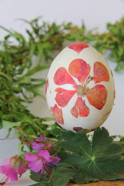 Easter Eggs Hand Made Decoration Decoupage Technique Herbaceous Flowers Leaves — Stock Photo, Image