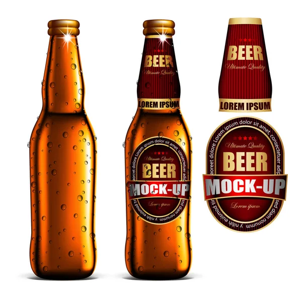 Bier-Attrappen-Set, goldene Flasche ohne Etikett, Flasche mit l — Stockvektor