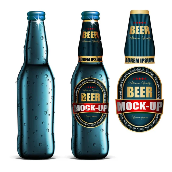 Beer-mock-up-set, garrafa azul sem rótulo, garrafa com rótulo —  Vetores de Stock